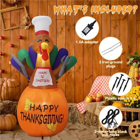6ft Christmas Inflatable Outdoor Decorations, Chef Turkey with LED Lights - Picture 3 of 7